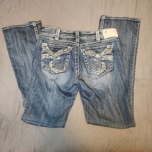 Silver Jeans Co. Women Sz 30×33 Suki Flap 17" Rhinestone Back Pocket Blue Jeans